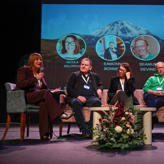 Evelyn McGlynn speaking during a panel at the 2025 Donegal Giving launch